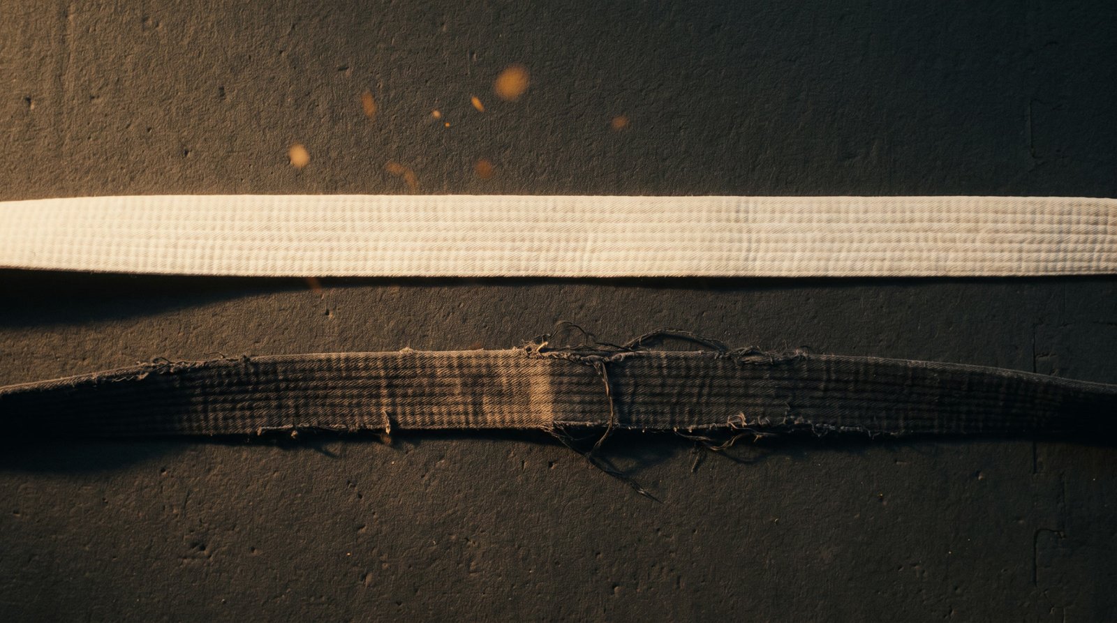 A crisp white belt lying beside a worn black belt on the mat