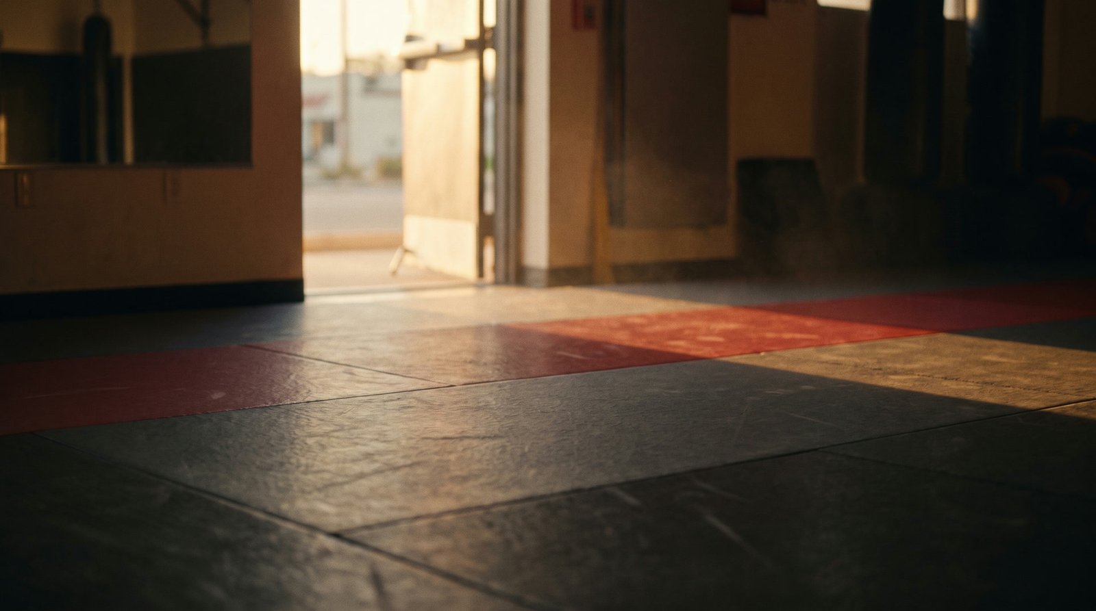 Morning light spilling through the academy entrance onto the mats