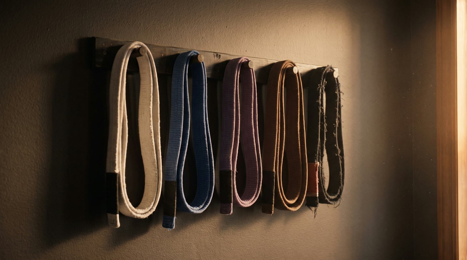 A row of belts from white to black hanging in warm light